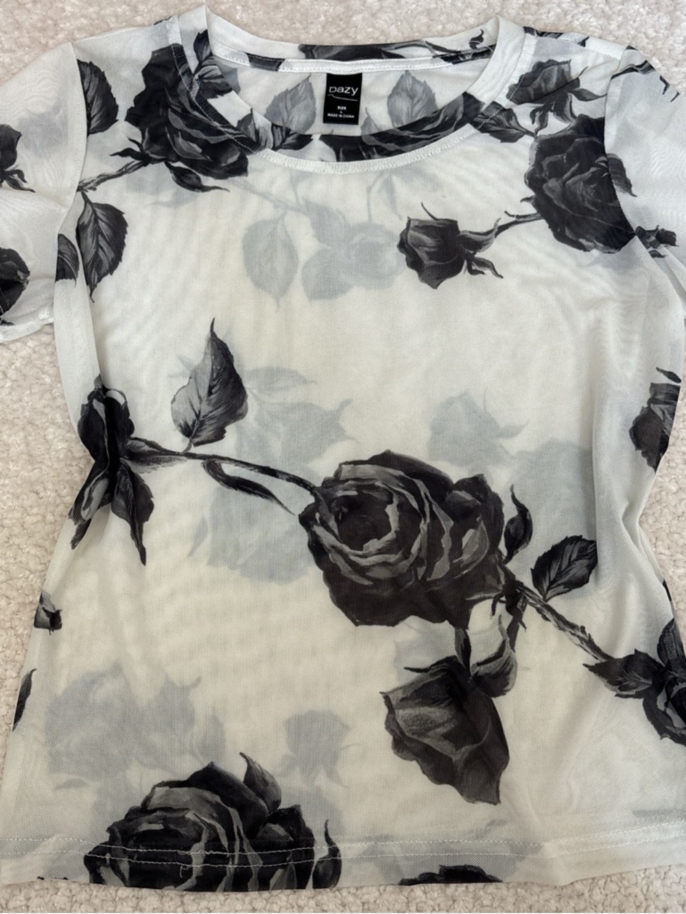 DAZY Cream and Black Rose Mesh Short Sleeve Tee